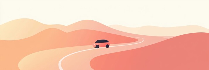 Poster - A small, simplistic car drives along a winding road through rolling desert hills under a gentle sunset sky. Generative AI