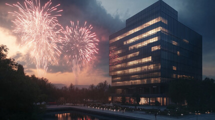 Corporate office building with New Year fireworks in the background