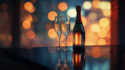 Two glasses and a bottle of Champagne or sparkling wine - New Year celebration