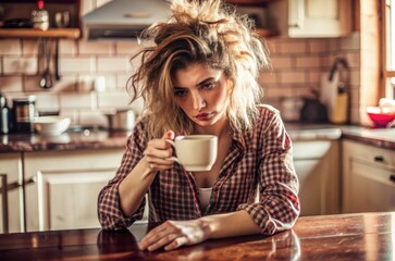 Young woman with disheveled hair sitting at kitchen table, drinking coffee drink from the mug or cup in the morning, sleepy girl early wake up refreshment, Monday depression, exhausted, energy,drowsy