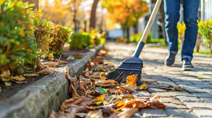 Wall Mural - Sweeping Autumn Leaves on a Cobblestone Path