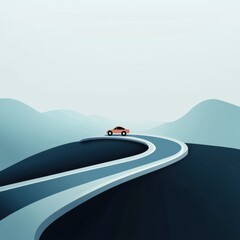 Poster - A small, minimalist car drives on a winding road, surrounded by gently rolling hills under a calm, muted sky. Generative AI
