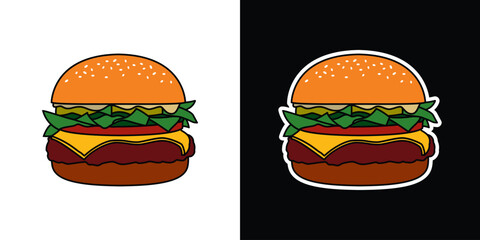 Wall Mural - Burger with cutlet, tomatoes and herbs. Original vector illustration in vintage style. T-shirt design.