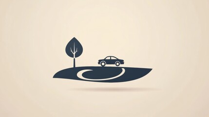Poster - A small, minimalist car drives along a winding road, accompanied by trees and a tranquil landscape under a clear sky. Generative AI