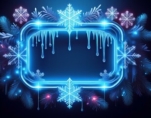 Wall Mural - a neon blue frame decorated with bright snowflakes and icicles radiating a cool winter vibe
