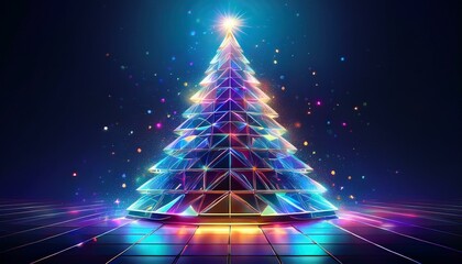 Wall Mural - abstract digital christmas tree made of glowing holographic triangles on a dark blue background