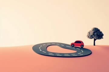 Poster - A small red car drives along a curvy road winding through a calming landscape, bathed in warm sunset light and accompanied by a solitary tree. Generative AI