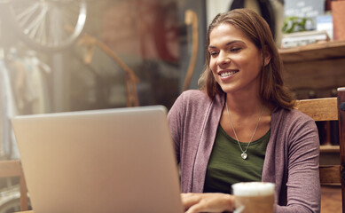 Sticker - Woman, laptop and work in coffee shop of bike repair store with internet search and email. Morning, computer and small business owner with digital, cafe and website update for online company page