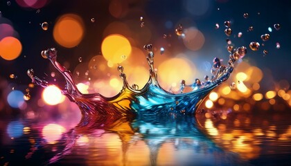 Wall Mural - colorful liquid splash with reflection and bokeh