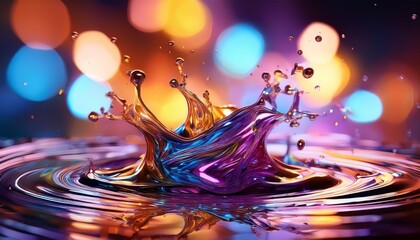 Wall Mural - colorful liquid splash with reflection and bokeh