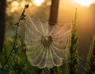 dew covered spider web glowing in morning sunlight