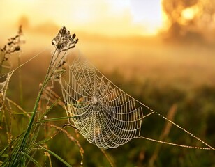 dew covered spider web glowing in morning sunlight