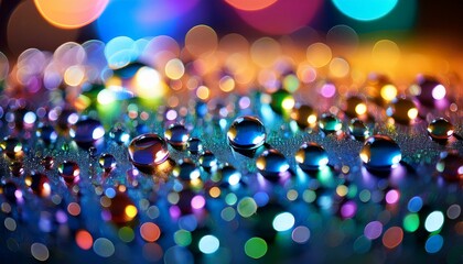 Wall Mural - macro view of water droplets with multicolored bokeh lights