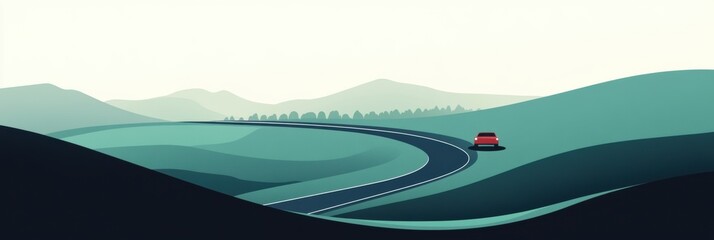 Poster - A compact car journeys along a curving road, surrounded by undulating hills under a clear sky, creating a tranquil atmosphere. Generative AI