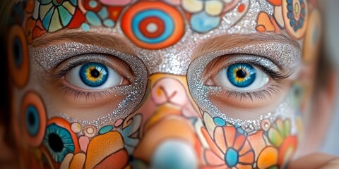 Psychedelic Eyes: A close-up portrait of a woman with vibrant blue eyes, her face adorned with intricate psychedelic patterns,  evoking a sense of wonder and fantasy.