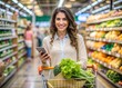 © Aminograpix - Portrait of happy woman buying groceries in supermarket and looking at camera. Purchasing Goods with Smartphone at Grocery Store. Female customer shopping with smartphone checklist