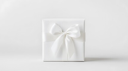 Wall Mural - Elegant white gift box with a satin bow, standing upright on a clean white background