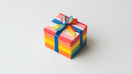 Wall Mural - Brightly colored gift box with a multicolored ribbon, placed on a white background