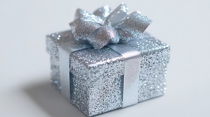 Wall Mural - Close-up of a glitter-covered gift box with a silver ribbon, set on a white background