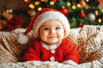 Baby girl wearing santa claus costume smiling at christmas time