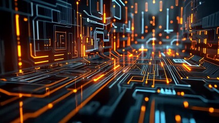 Leinwandbilder - Glowing orange and blue lines create intricate patterns in a dark, technological space, showcasing a vibrant digital circuit design that reflects innovation and modernity.