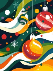 Poster - Colorful abstract Christmas ornaments adorn a vibrant background of swirling colors, evoking a joyful holiday spirit and creativity. Generative AI