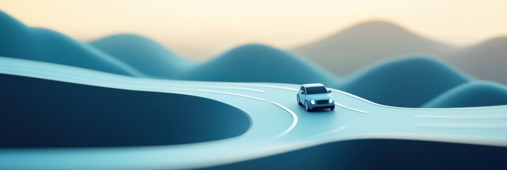 Poster - A minimalist car drives along a curvy road amidst soft hills, capturing the serene beauty of dawn breaking over the landscape. Generative AI