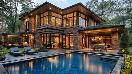 Aufkleber - This contemporary house featuring expansive glass walls and a beautifully landscaped pool area.