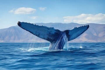 A humpback whale gracefully breaches the surface splashing water in the clear blue ocean while the serene backdrop of Mauis mountains enhances the beauty