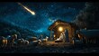 © Watermill Studio - Sacred digital illustration representing Nativity scene in Bethlehem. Christmas scene illustration showing holy family baby Jesus Joseph and Mary. Banner or wallpaper Copy space. Blue