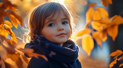 A portrait of a little girl in a navy blue jacket and scarf, surrounded by vibrant autumn foliage.