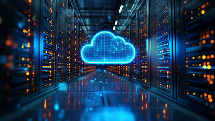 A futuristic web hologram depicting digits and codes with a cloud icon. Abstract motion of digital data flow. Stock photo.
