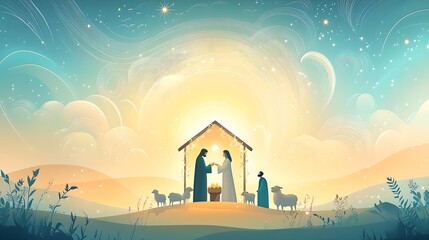 Watercolor painting representing Nativity scene in Bethlehem. Christmas scene illustration showing holy family baby Jesus in the manger Joseph and Mary. Banner or wallpaper Copy space