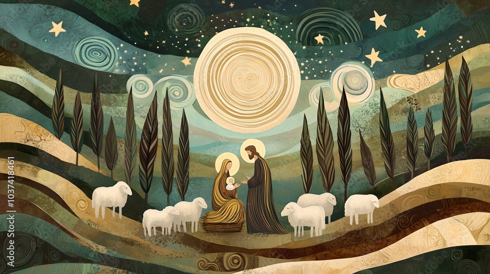 Stock-Illustration „Boho style painting representing Nativity scene in ...