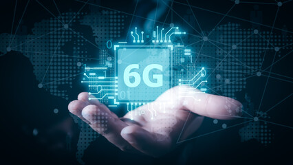 Wall Mural - businessman holding global network connection on 6g technology and futuristic advancement, uture tec