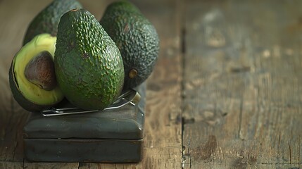 Avocados and a stapler on a wooden surface