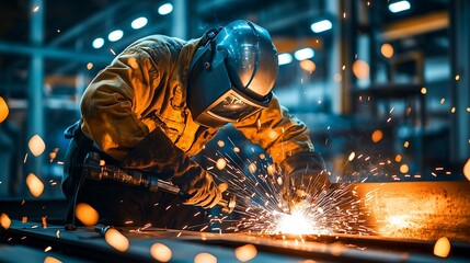 A welder works intently, sparks flying, in a brightly lit industrial setting, showcasing skill and focus in metal fabrication.