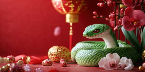 vibrant green snake coiled elegantly among festive decorations, symbolizing prosperity and good fortune during Chinese New Year celebration. scene is adorned with red lanterns, gold ornaments, and