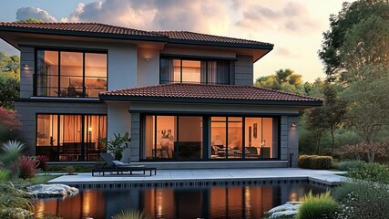 Aufkleber - This contemporary house showcases large windows, reflecting the warm sunset over a serene garden.