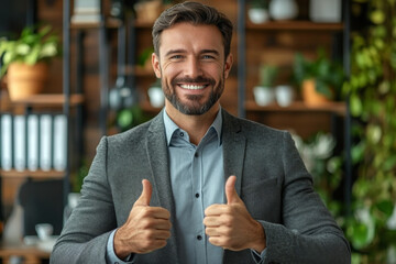 Man in a suit is giving a thumbs up. He is smiling and he is happy. proud consultant in a suite
