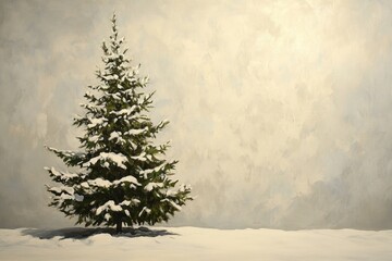 Canvas Print - A Single Snow-Covered Pine Tree Against a Light, Cloudy Sky