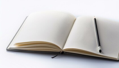 An open notebook with a pencil isolated on a white background