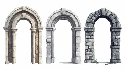 Wall Mural - Set of four ancient stone archways isolated on white background, showcasing different styles and textures in architectural design. Ancient Relic. Illustration