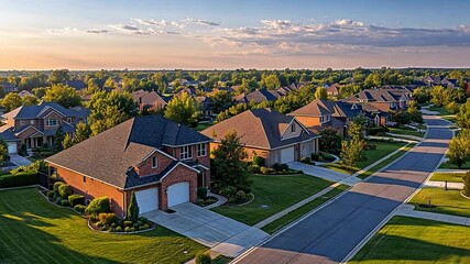 Poster - This Suburban houses lined along a quiet street bask in the warm glow of the setting sun.