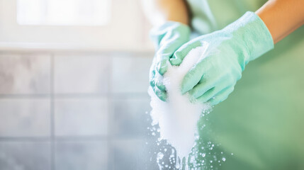 A person in green gloves holds a cleaning sponge in a blurred bathroom background, demonstrating effective cleaning techniques.