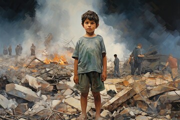 A boy in tattered clothing stands alone in the devastation of a war torn area surrounded by smoke and rubble while others search for survivors and belongings