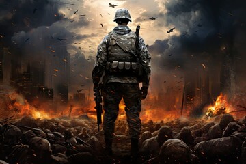 A solitary soldier faces the aftermath of battle surrounded by devastation and remnants of conflict in a haunting urban setting under a dark sky