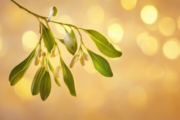 Poster - Green Branch with White Berries and Golden Bokeh Background