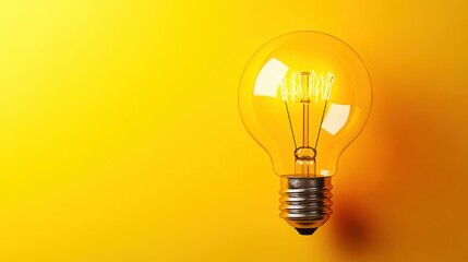 Glowing light bulb shining on yellow background representing ideas