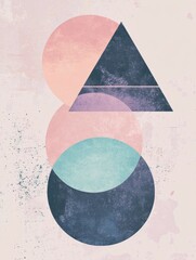 Poster - This artwork features a blend of abstract circles and triangles layered on a pastel background, creating a serene composition. Generative AI